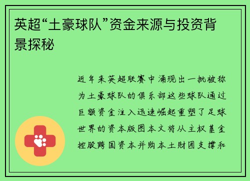 英超“土豪球队”资金来源与投资背景探秘